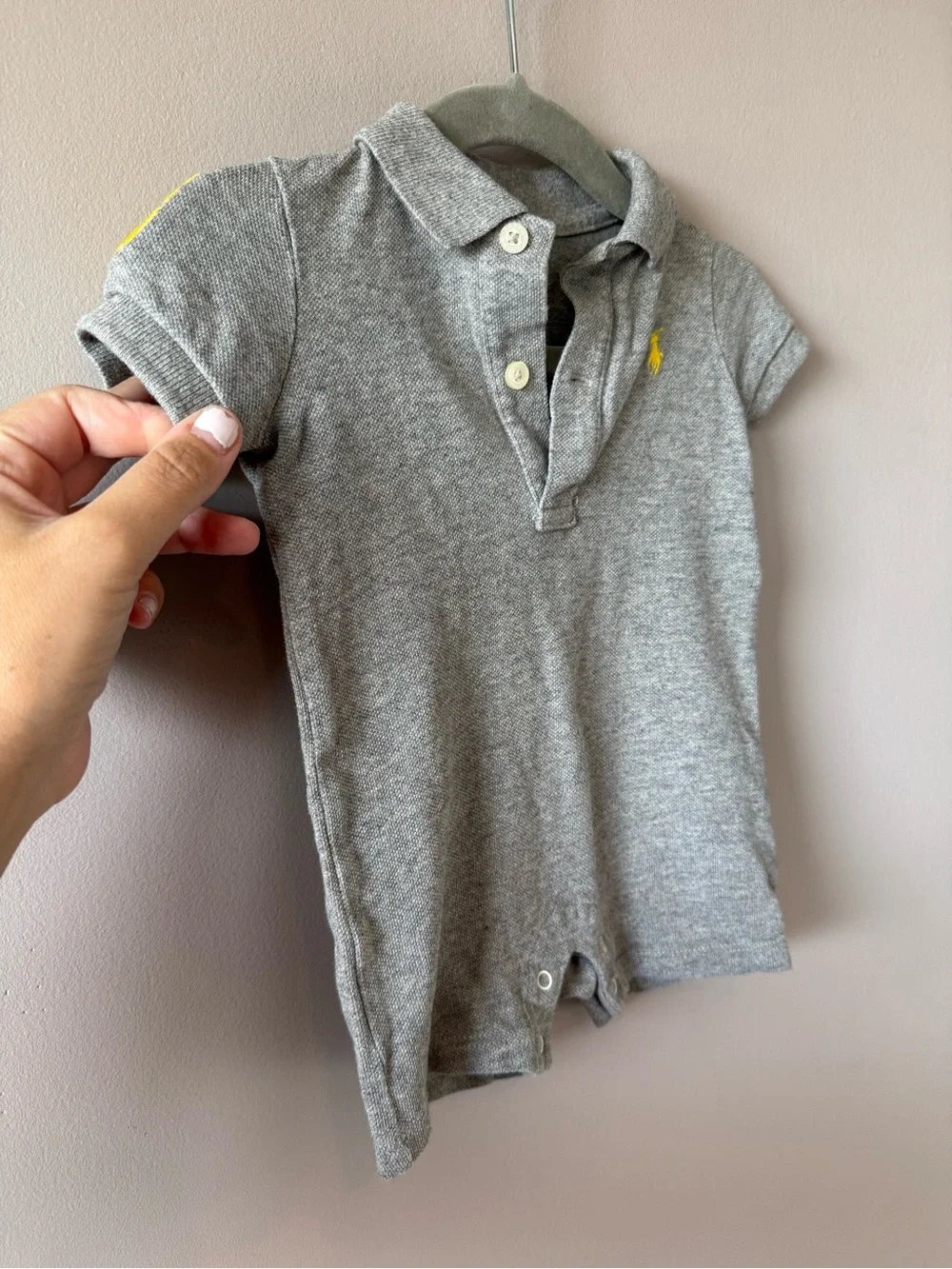 Ralph Lauren Baby Boys Gray Yellow Number 3 Shorts One Piece Romper 3 months